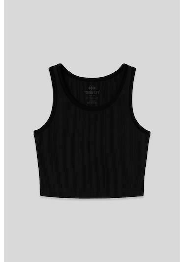 Tommy Life Siyah Basic Sıfır Kol Dar Kalıp U Yaka Kadın Crop Top Atlet - 97160 Siyah