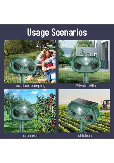 Vkemall Solar Enerjiyle Usb İle Çift Gelişimli, Ultrason+led+lazer Üçlü Hayvan Kovucu - 120 Derece Geniş Açı, 5 Çalışma Modu, Ip54 Su Geçirmez, Yeşil 1200mah Dahili Batarya Yeşil