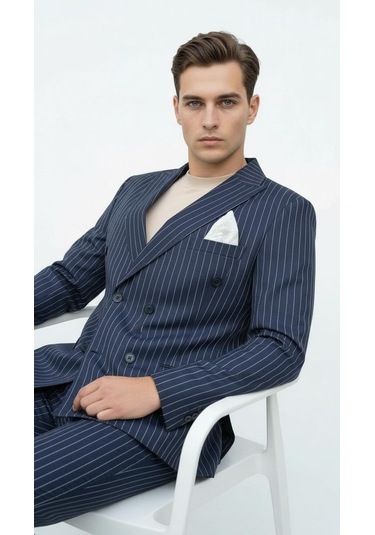 Plus Scorpion Lacivert Çizgili Erkek Kruvaze Blazer Ceket İtalyan Kesim, Modern Ve Klasik Şıklık Lacivert