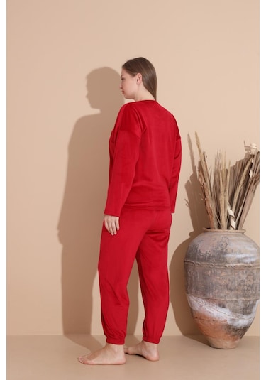 Boyraz Kadın Kışlık Fransız Kadife Büyük Beden Bisiklet Yaka Uzun Kol Pijama Takımı 03130 - 1 Adet Kırmızı