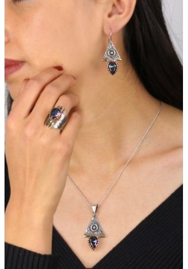 Mistik Topaz Taşlı Otantik Kadın Gümüş Üçlü Set