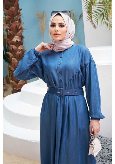 Neways 6586-Büzgülü Elbise Koyu Mavi