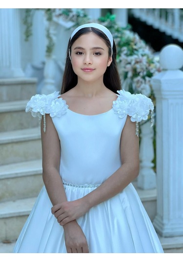 Prenses Çiçek Detaylı Tarlatanlı Beyaz Abiye Elbise Beyaz