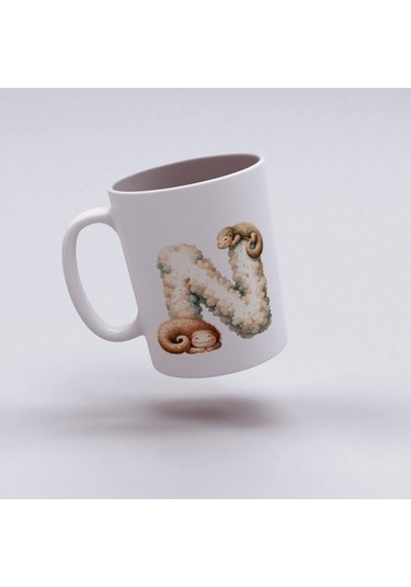 N Harfi Tasarım Bardak, Sevimli Hayvan Temalı Harf Bardağı Beyaz