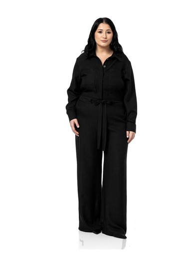 Büyük Beden Beli Tünelli Ve Arkadan Lastikli Geniş Paça Siyah Tulum Siyah