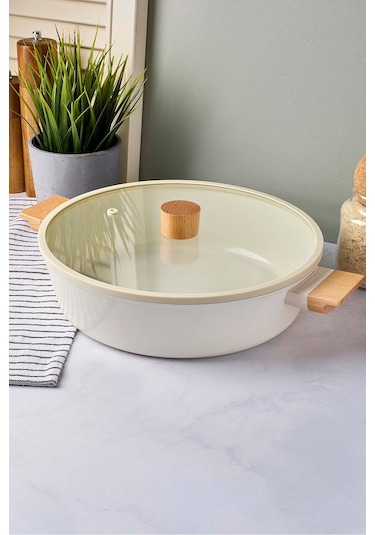 Cookwood Beige İndüksiyon Tabanlı Ahşap Kulplu Kapaklı Seramik Basık Tencere 28 Cm Bej Bej
