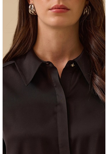 Seçil Kadın Gizli Düğmeli Saten Gömlek 0038 Siyah Siyah
