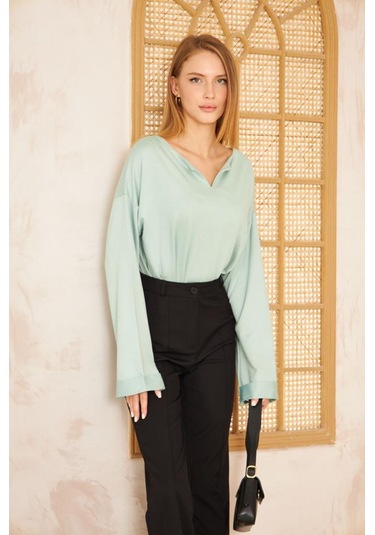 Kadın Ekstra Uzun Duble Kol / Yakası Yırtmaçlı Salaş Sweatshirt Bluz 3470190 Mint