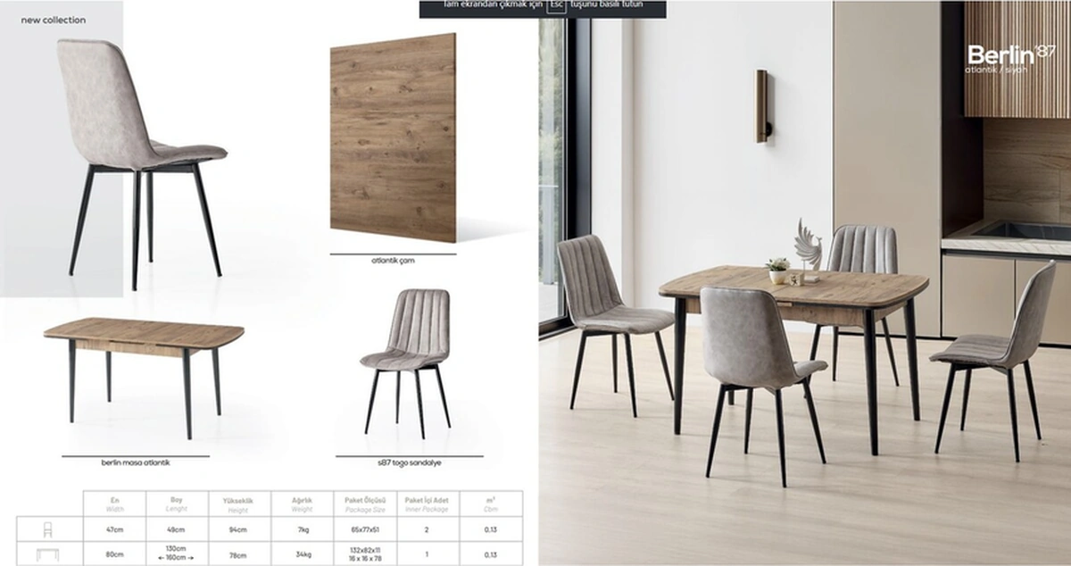 Dengema Berlin 87 Açılır Masa Takımı Ceviz Desen, Siyah Ayak, 80 130 180 Cm, 4 Togo Sandalyeli Ceviz Desen - Siyah Ayak