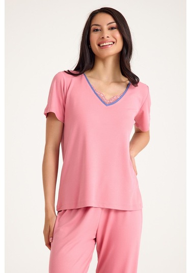 Dream Pembe Viskon V Yaka Dantel Detaylı Pijama Takımı Pembe