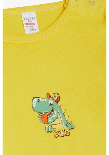 Breeze Erkek Bebek Çıtçıtlı Zıbın Body Mutlu Dinozor Baskılı 9 Ay-3 Yaş, Sarı Sarı