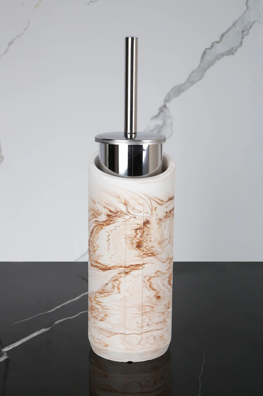 4 Parça Mermer Desenli Beton Banyo Wc Seti Tuvalet Fırçası Çöp Kovası 4 Litre Mermer Deseni