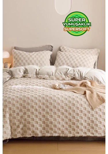 Evlen Home Çift Taraflı Kişilik Kürk Yorgan Uyku Seti Yumuşak Dolgulu Yatak Örtüsü 3 Parça Polo Krem