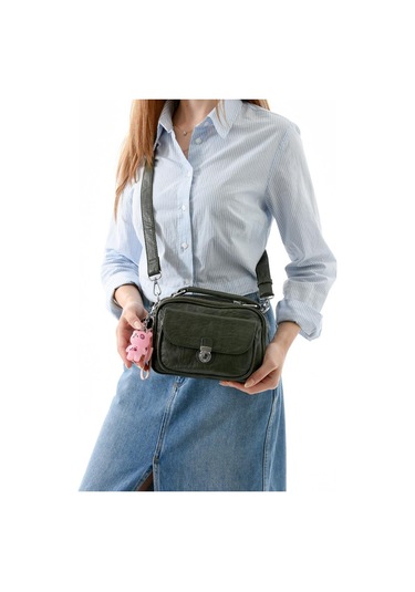 Vegan Deri Kadın Postacı Çanta 21 15 Cm Yıkama Suni Deri Omuz Çantası Çapraz Askılı Çanta Yeşil