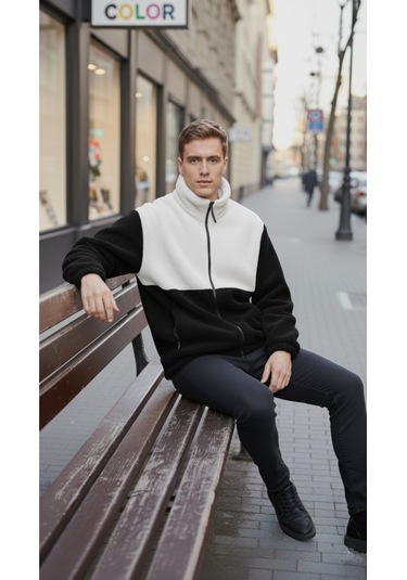 Premium Kalite Renk Bloklu, Fermuarlı, Dik Yaka, Sherpa, Polar, Peluş Ceket Siyah - Beyaz