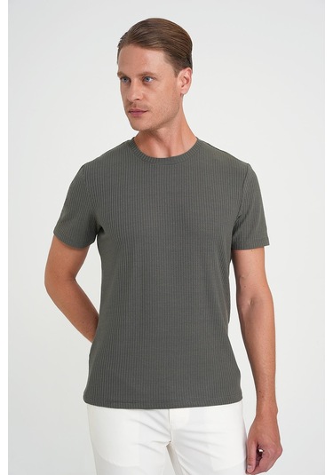 Comfort Fit Bisiklet Yaka Fitilli Kısa Kol Haki Tişört Ts 912 Haki