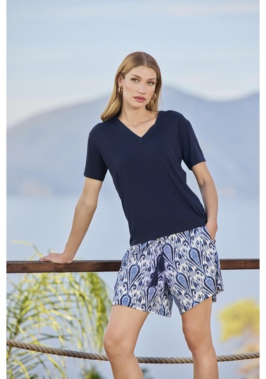 Monamise Kadın Etnik Desenli Kısa Kollu V Yaka Şort Takımı 25112 Lacivert