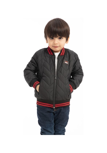 Erkek Çocuk Kolej Yaka Astarlı Su Ve Rüzgar Geçirmez Fermuarlı Mont Ceket Siyah