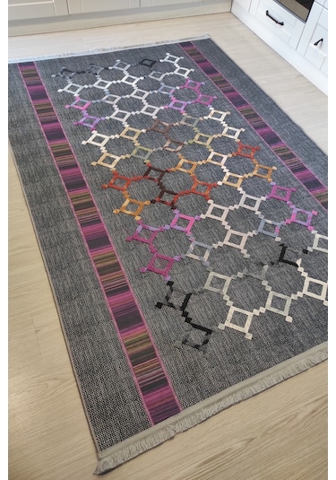 Gri Nakışlı Salon Halısı Dekoratif Kaymaz Modern Mutfak Halısı