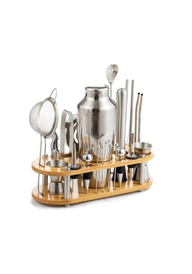 Weichuang01 Bambu Standlı 23 Parça Profesyonel Paslanmaz Çelik Aracı Kokteyl Çalkalayıcı Seti Gümüş