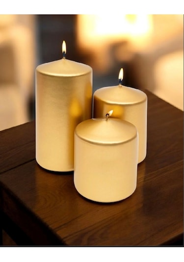 Denic 3 lü Mum Seti  Metalik Gold Blok Mum Metalik Silindir Mum Baton Mum