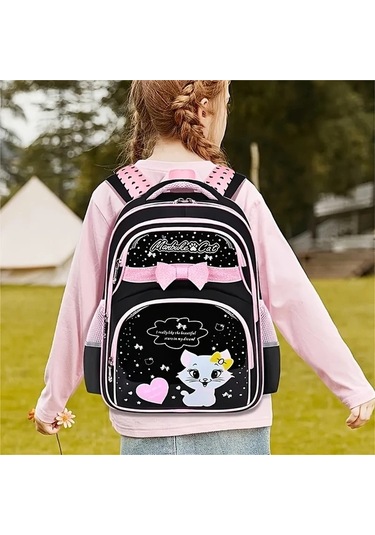 Dream011 Sevimli Çizgi Film Kedi Desenli Siyah Küçük İlkokul Çantası 1-6 Sınıflar İçin Kız Ve Çocuk Ultra Hafif Büyük Kapasiteli Siyah