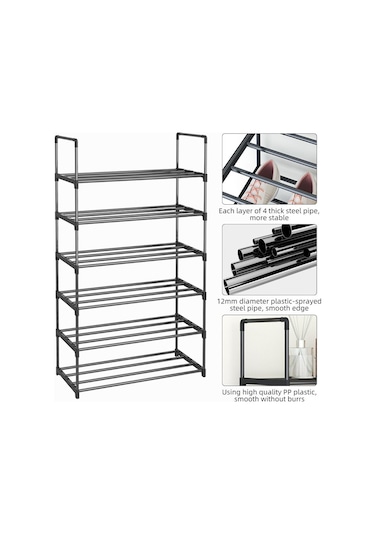Jms Ayakkabı Rafı 4 Katlı -6 Katlı Ayakkabı Organizatörü Metal Ayakkabı Saklama Siyah