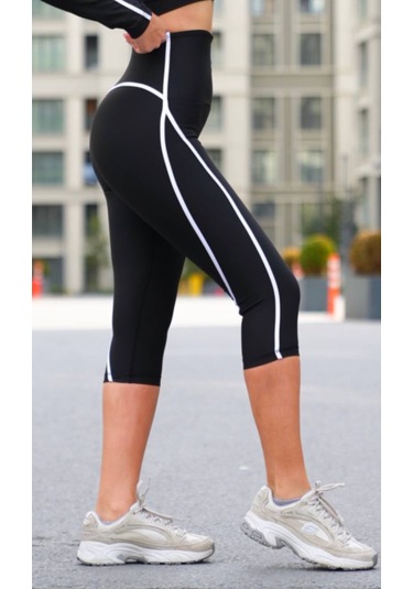 Beyaz Biye Detaylı Siyah Spor Kapri Tayt Siyah - Beyaz