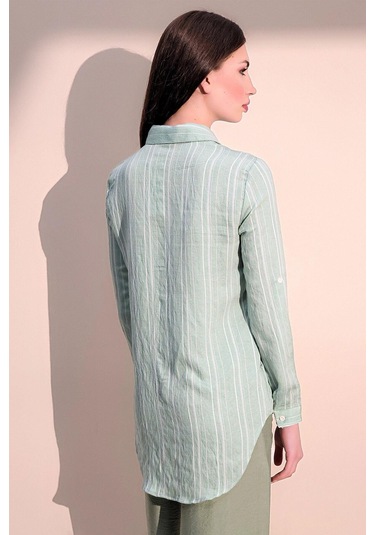 Kadın Yeşil Uzun Kol Özel Kumaş Tek Cep Gömlek Dik Çizgili Arkası Uzun Basic Kesim Gömlek Yeşil