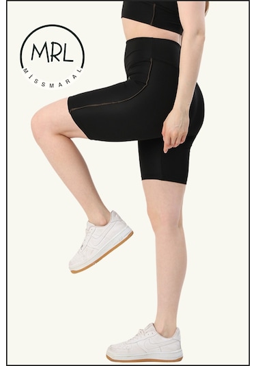 Kadın Siyah Yüksek Bel Toparlayıcı Biker Şort Kısa Spor Tayt Likralı Dalgıç Biker Tights 1043 Siyah Haki