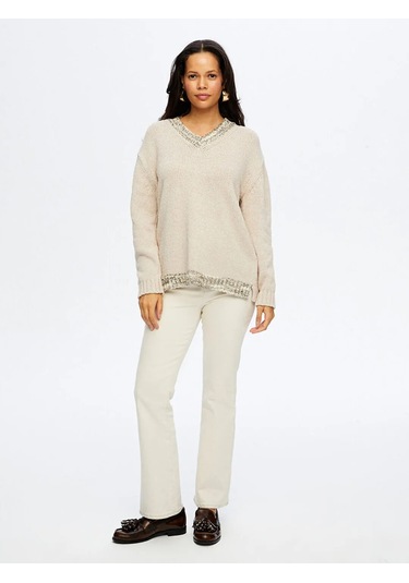 Faik Sönmez V Yaka Pamuklu Kadın Triko Bluz W26trb010 Taş