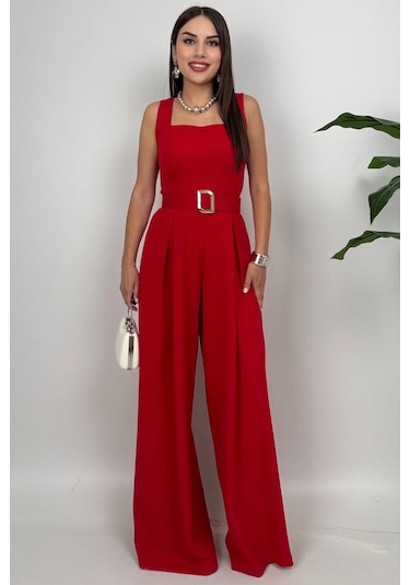 Noir Flow Kadın Kırmızı Kemerli Askılı Bol Paça Tulum Zarif Şıklık Kırmızı