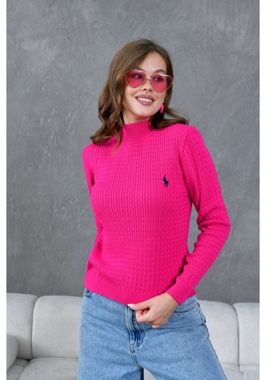 Kadın Dik Yaka Saç Örgü Nakış Detaylı Triko Kazak Fuşya