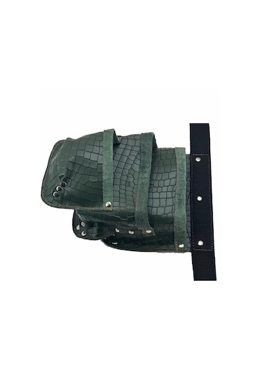 Hakiki Deri Kroko Cepli Tekniker Çivi Önlüğü Bel Çantası Yeşil