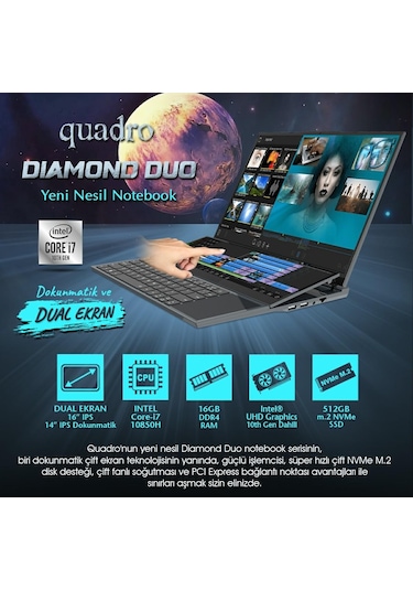 Quadro Diamond Duo DS1630 i7-10850H 16 GB 512 GB SSD O/B UHD 16" IPS + 14" IPS Dos Dokunmatik Dizüstü Bilgisayar