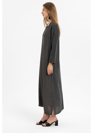 Siyah İşlemeli Uzun Kollu Astarsız Pamuklu Uzun Elbise-siyah Siyah