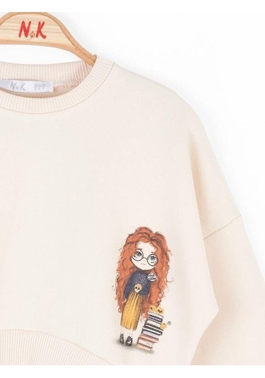 Kız Çocuk Pamuklu Oversize Kolej Sweat-15461 KREM