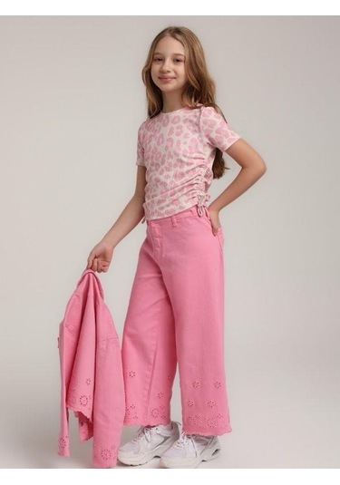 Kız Çocuk Kaşkorse Yanları Büzgülü Pempe Leoparlı Bluz-15664 Pembe