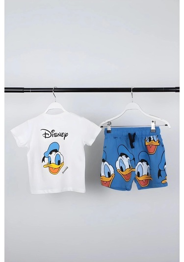 Unisex Bebek & Çocuk Donald Duck Baskılı Pamuklu Bisiklet Yaka Beyaz T-shirt Ve Şort Alt Üst Takım Beyaz