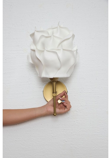 Dekor Yapay Eva Gül Üst Beyaz-metal Eskitme Gold Ledli Duvar Aydınlatması Aplik Beyaz