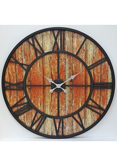 Otantik Ferforje Metal Ahşap Eskitme Duvar Saati 76Cm Ahşap