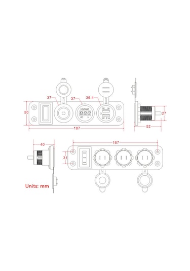 Skycity Araba Gemi Usb Şarj Paneli 3.1a İki Usb + Kırmızı Voltmetre + Anahtarlı Alıcı, 12-24v, Kırmızı Işık