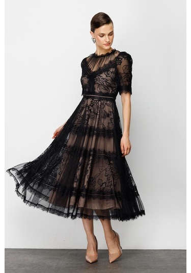 Nefeli Dantelli Midi Elbise - 3/4 Kol, Yuvarlak Yaka, Özel Gün Elbisesi Siyah