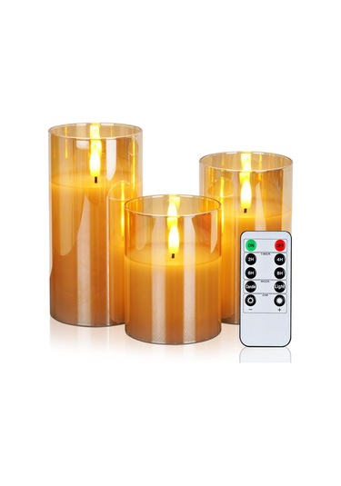 Yunboo Ev Ve Düğün İçin Uzaktan Kumandalı Cam Mum Lambası - Ateşsiz, 10 Tuşlu, Saf Beyaz 3'lü Set Kumanda Dahil