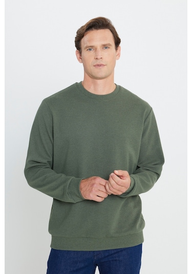 Ac&Co / Altınyıldız Classics  Erkek Hakı 2 İplik Sıcak Tutan Standart Fit Normal Kesim Bisiklet Yaka Sweatshirt Hakı Haki