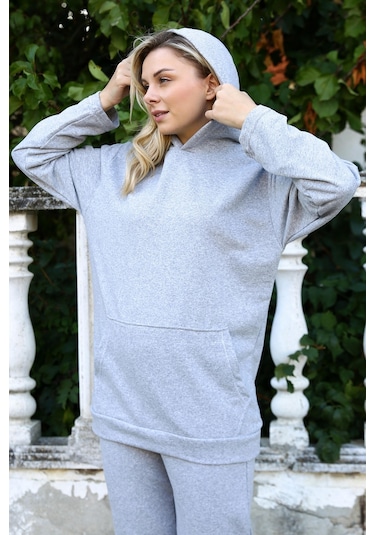 Akbeniz Kadın Pamuk Kapşonlu Cepli 3 İplik Gri Eşofman Takım 9037-gri Gri