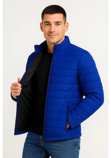 Erkek Bomber Mont Ceket Su İtici Kumaş, Kapitone Astarlı, Fermuarlı, Kışlık - Saks Mavisi Saks Mavisi