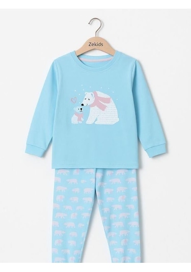 Kız Çocuk Pamuklu Kutup Ayısı Baskılı Pijama Takımı-16020 Turkuaz