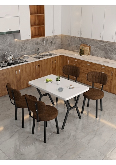 Azra 70x110cm Beyaz Mutfak Masası, Mutfak Masası Takımı, Yemek Masası, 4 Kahverengi Sandalye Kahverengi
