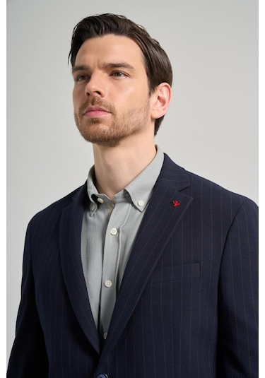 Çizgili Desen Gofreli Mono Yaka Esnek 6 Drop Slim Fit Ceket 1002250122 Koyu Lacivert